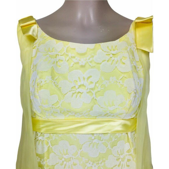 VTG 60s Yellow Floral Lace Chiffon Organza Cape Train Shoulder Bows Maxi Dress - Picture 3 of 12